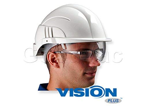 Centurion Vision Plus ABS Helmet w/ Integrated Retractable Visor/Safety Glasses. Lightweight Design with Ratchet Headband - White