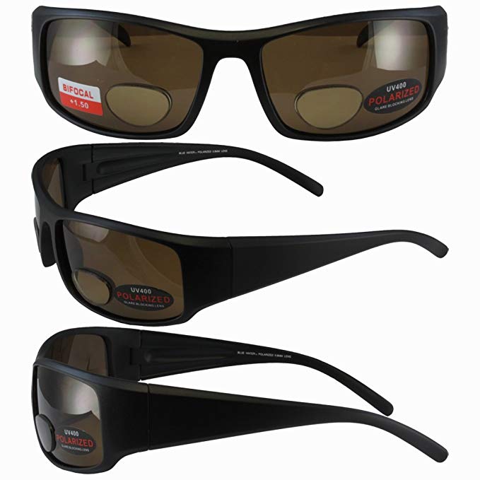 BlueWater Polarized Bifocal 1 Sunglasses Matte Black Frames +1.5 Magnification Brown Lenses by Global Vision