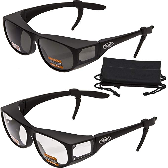 2 Pairs Clear and Smoke - Escort Fit Over Sunglasses ANZI Z87.1+ Safety Compliant