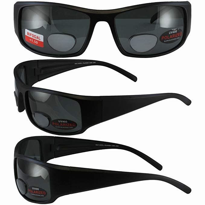 BlueWater Polarized Bifocal 1 Sunglasses Matte Black Frames +1.5 Magnification Smoke Lenses by Global Vision