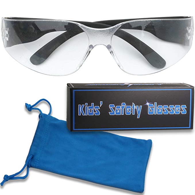 5 pack Kids safety glasses set bulk clear lens with dual purpose blue microfiber storage & wiping pouch .