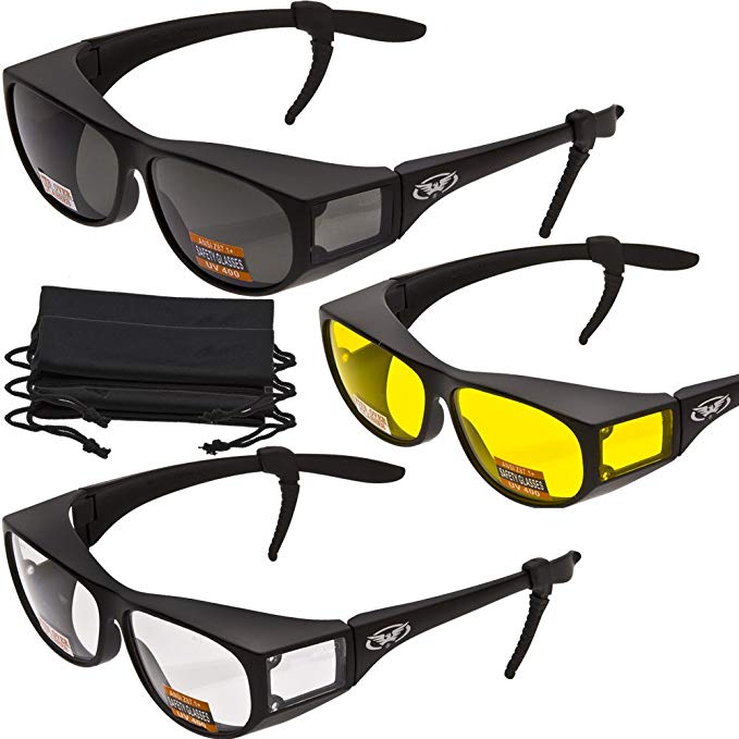 3 PAIRS- Escort Advanced System Safety Glasses Fits Over Most Prescription Eyewear - FREE Rubber EAR LOCKS and Microfiber Pouch! -Gloss Black Frame