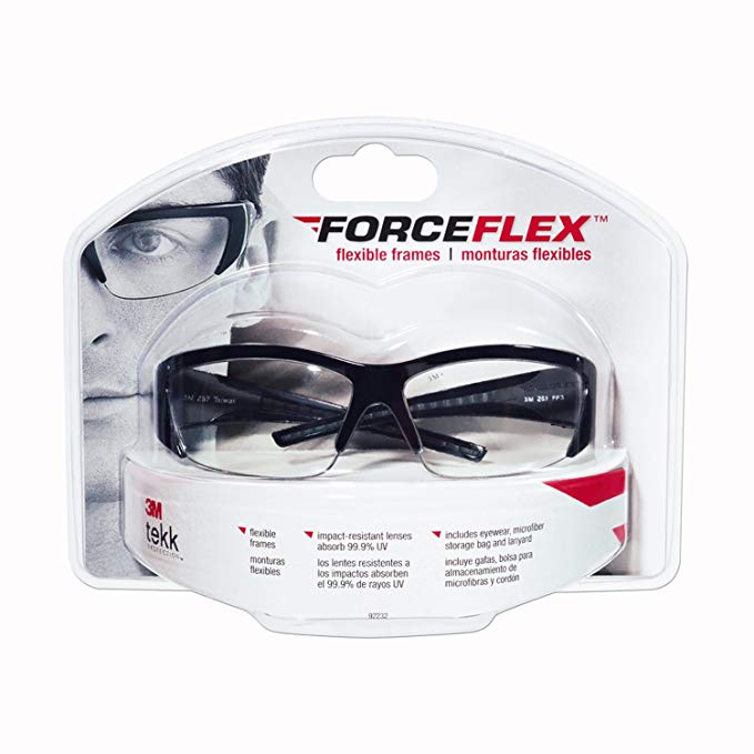 3M 92232 Forceflex Flexible Safety Eyewear, Black Frame, Clear Lens